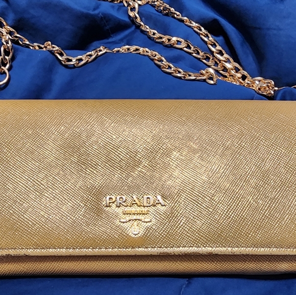 Prada Saffiano double snap metallic gold EUC wallet with Chain and chain insert - Picture 3 of 8